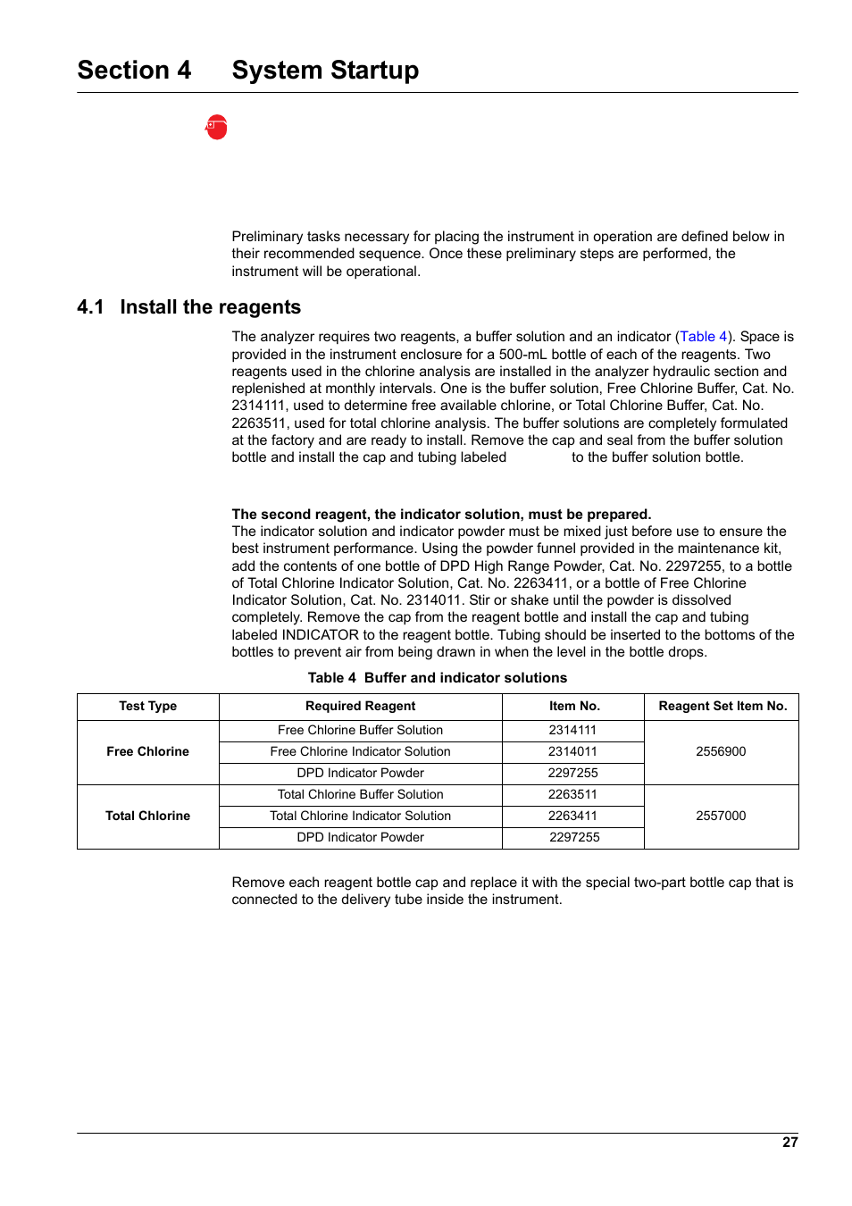 Section 4 system startup, 1 install the reagents | Hach-Lange CL17 USER MANUAL User Manual | Page 29 / 60