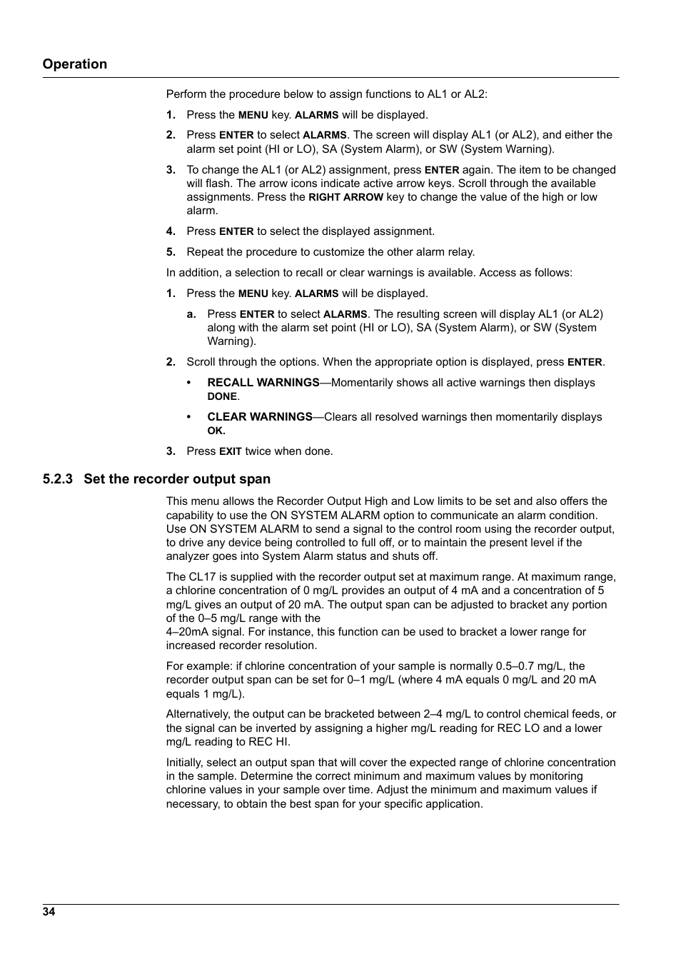 3 set the recorder output span, Operation | Hach-Lange CL17 USER MANUAL User Manual | Page 36 / 60