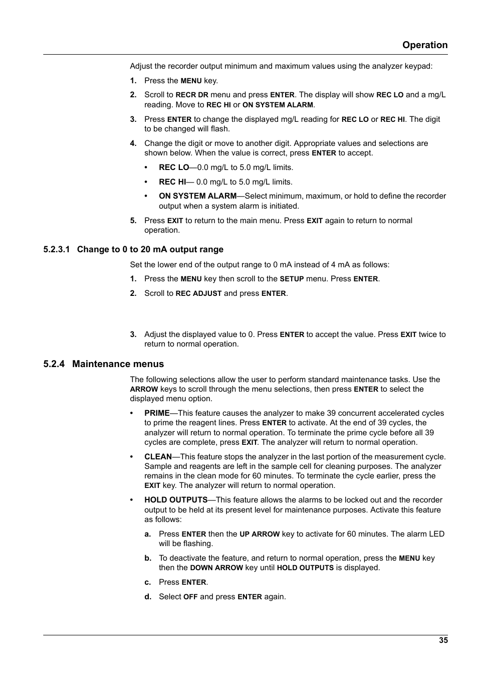 4 maintenance menus, 1 change to 0 to 20 ma output range, Operation | Hach-Lange CL17 USER MANUAL User Manual | Page 37 / 60