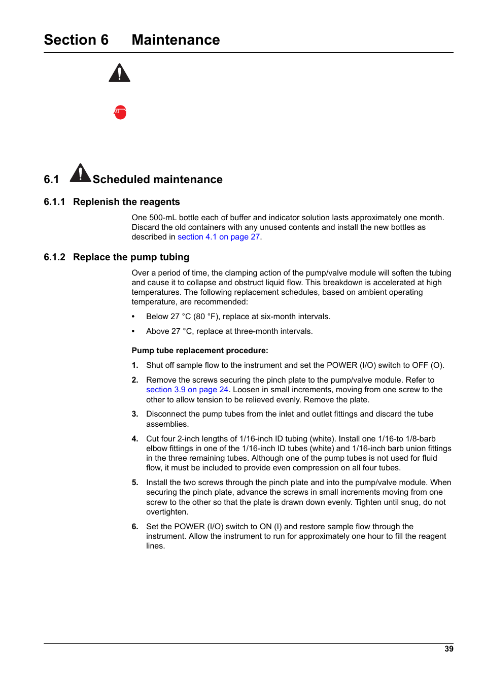 Section 6 maintenance, 1 scheduled maintenance, 1 replenish the reagents | 2 replace the pump tubing | Hach-Lange CL17 USER MANUAL User Manual | Page 41 / 60