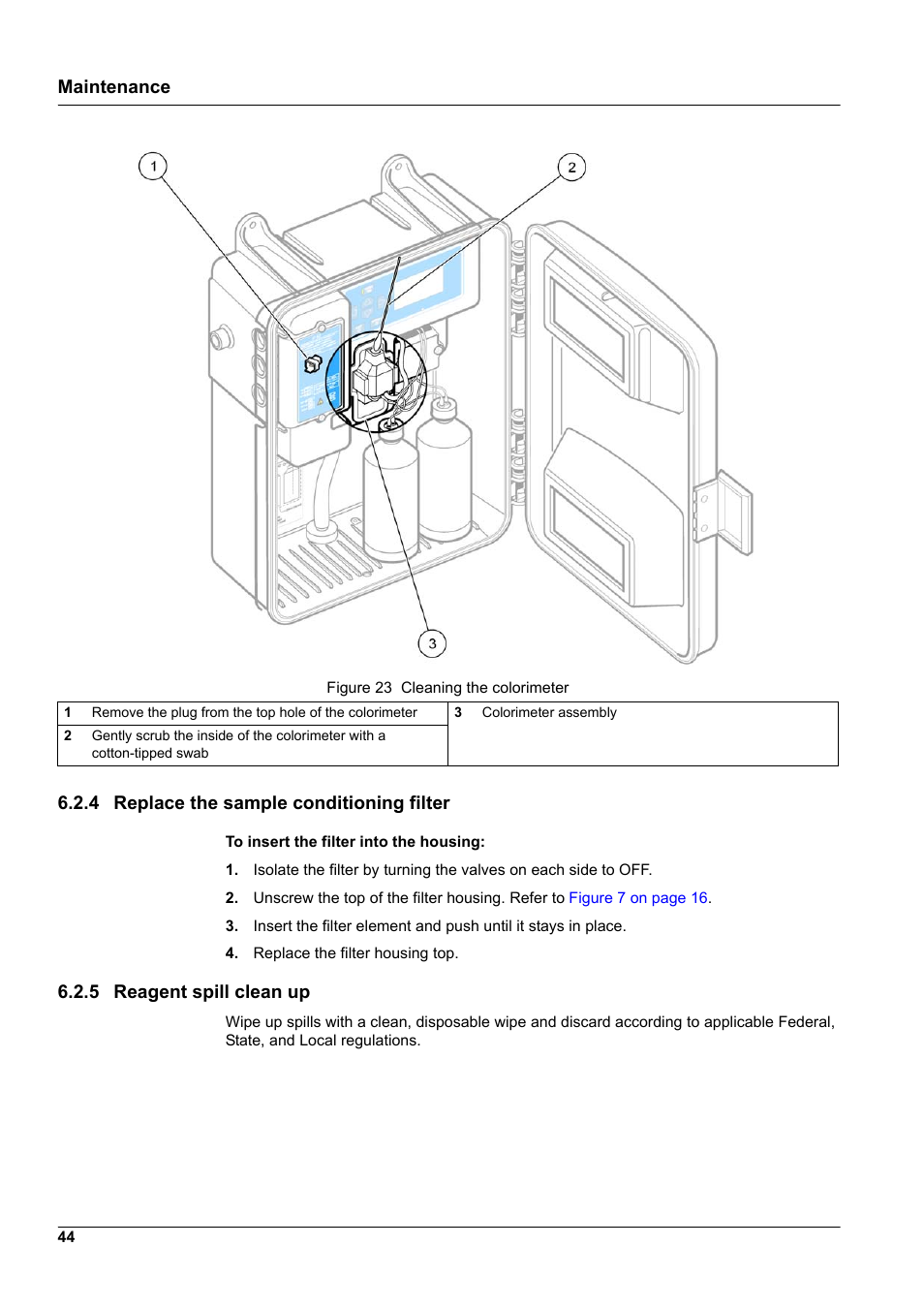 4 replace the sample conditioning filter, 5 reagent spill clean up | Hach-Lange CL17 USER MANUAL User Manual | Page 46 / 60