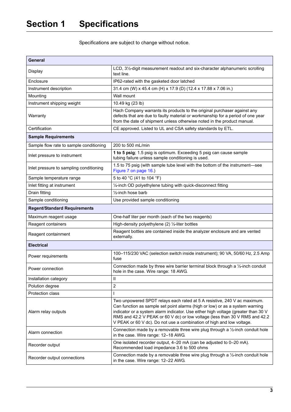 Section 1 specifications | Hach-Lange CL17 USER MANUAL User Manual | Page 5 / 60