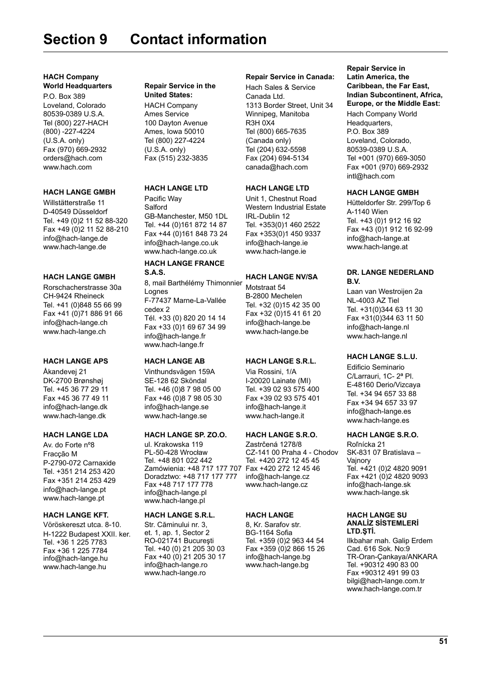 Section 9 contact information | Hach-Lange CL17 USER MANUAL User Manual | Page 53 / 60