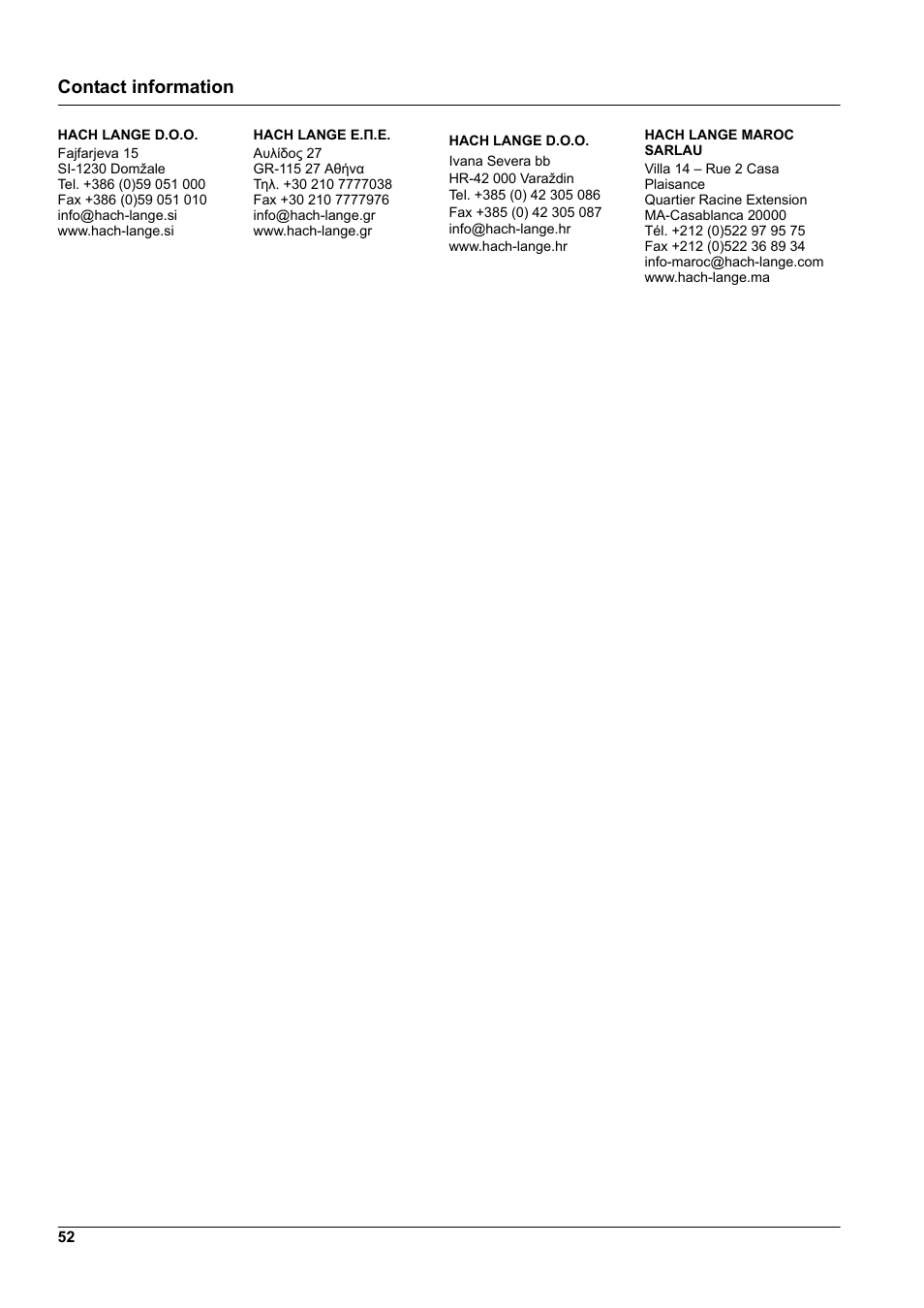 Contact information | Hach-Lange CL17 USER MANUAL User Manual | Page 54 / 60