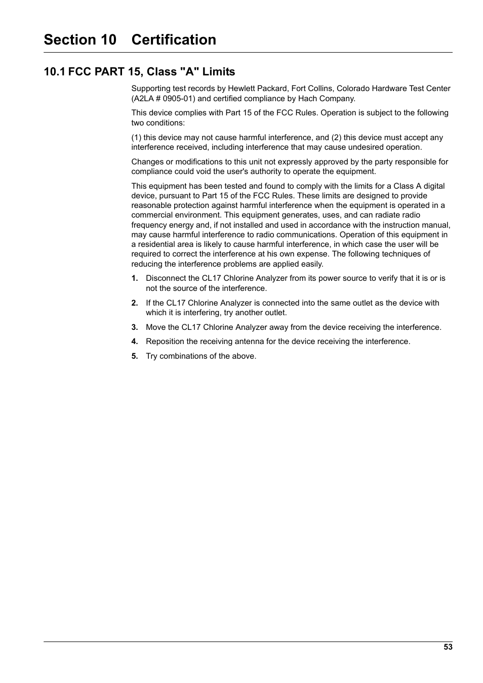 Section 10 certification, 1 fcc part 15, class "a" limits | Hach-Lange CL17 USER MANUAL User Manual | Page 55 / 60
