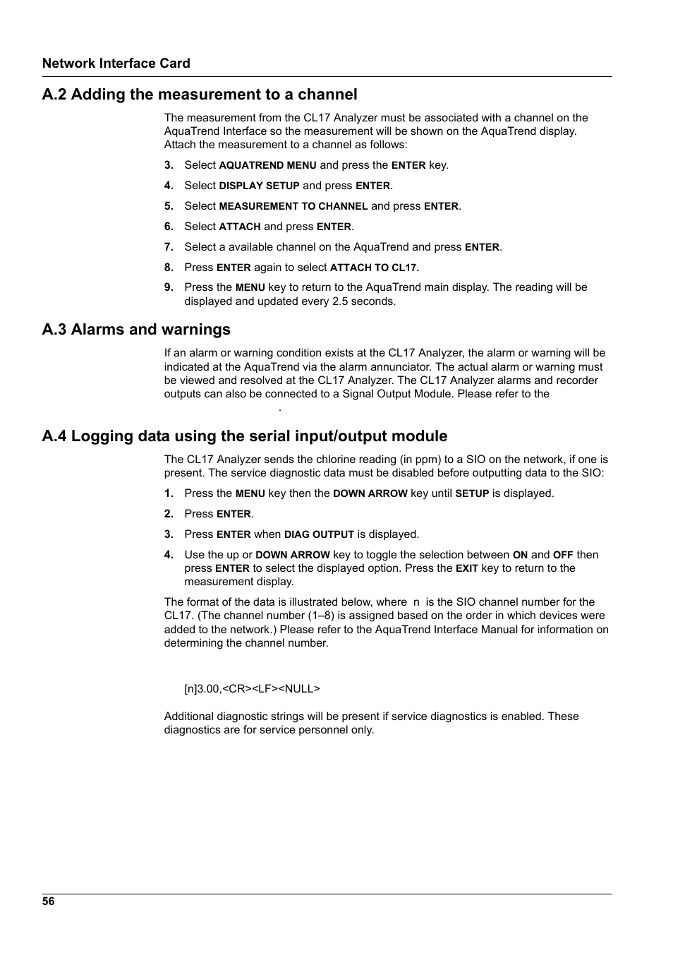 A.2 adding the measurement to a channel, A.3 alarms and warnings, Network interface card | Hach-Lange CL17 USER MANUAL User Manual | Page 58 / 60