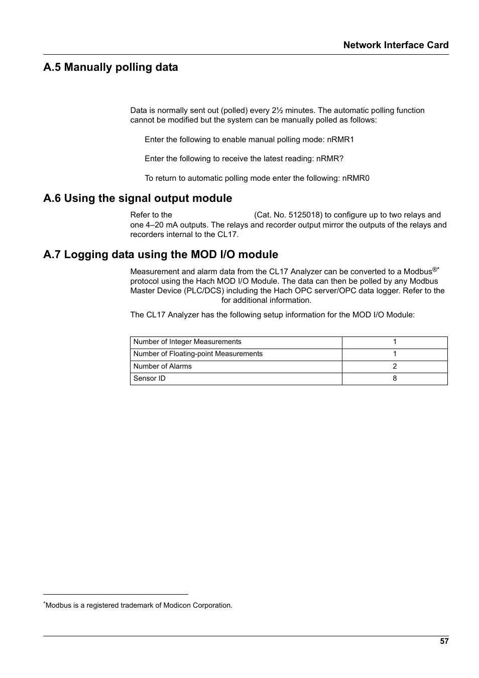A.5 manually polling data, A.6 using the signal output module, A.7 logging data using the mod i/o module | Network interface card | Hach-Lange CL17 USER MANUAL User Manual | Page 59 / 60