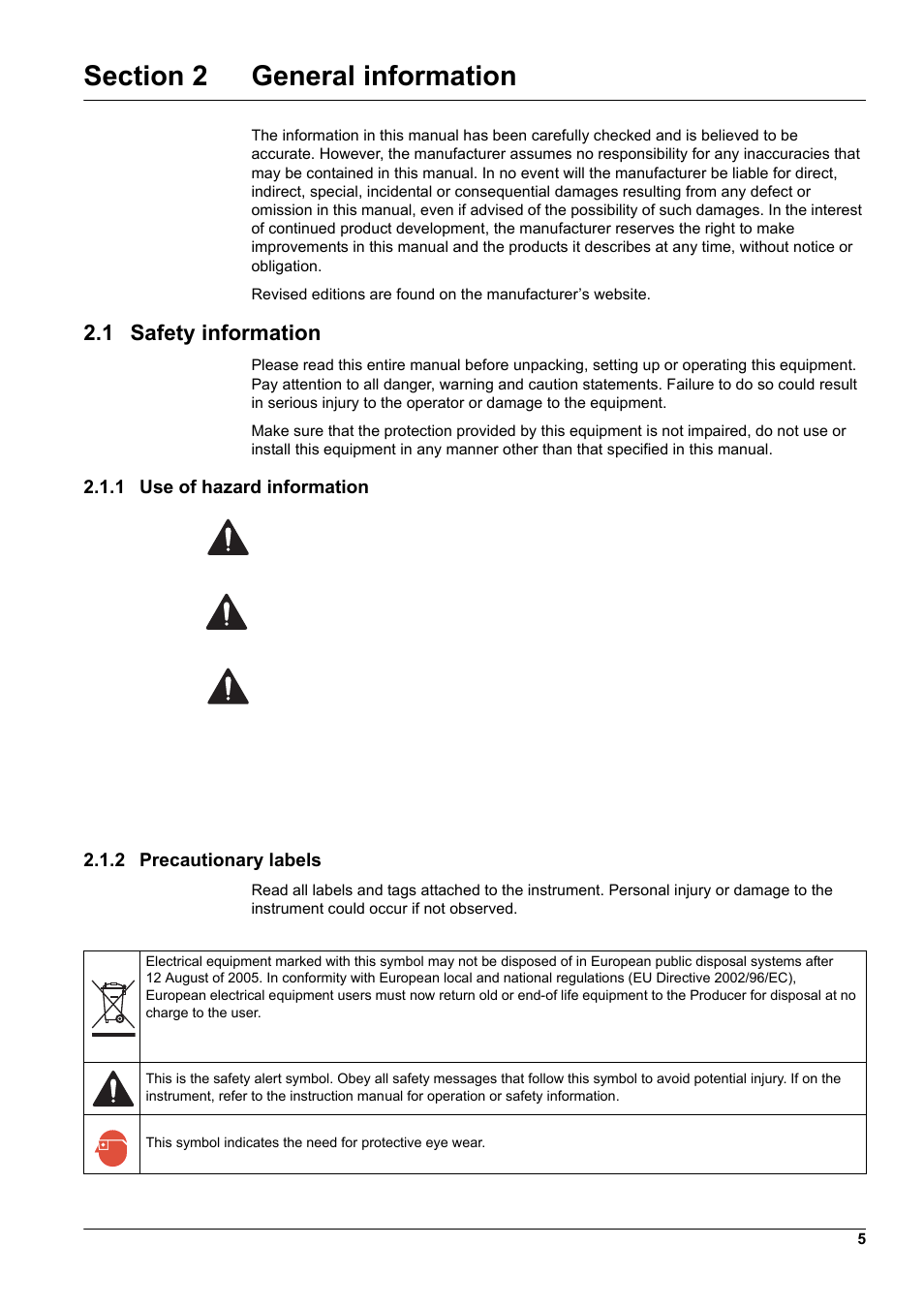 Section 2 general information, 1 safety information, 1 use of hazard information | 2 precautionary labels | Hach-Lange CL17 USER MANUAL User Manual | Page 7 / 60
