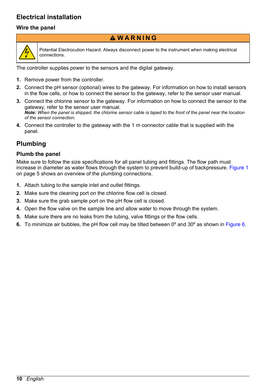 Electrical installation, Wire the panel, Plumbing | Plumb the panel | Hach-Lange CLT10 sc User Manual | Page 10 / 382