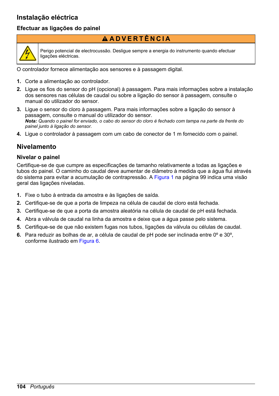 Instalação eléctrica, Efectuar as ligações do painel, Nivelamento | Nivelar o painel | Hach-Lange CLT10 sc User Manual | Page 104 / 382