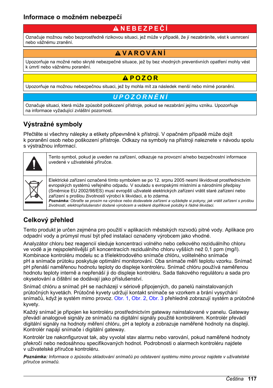 Informace o možném nebezpečí, Výstražné symboly, Celkový přehled | Hach-Lange CLT10 sc User Manual | Page 117 / 382