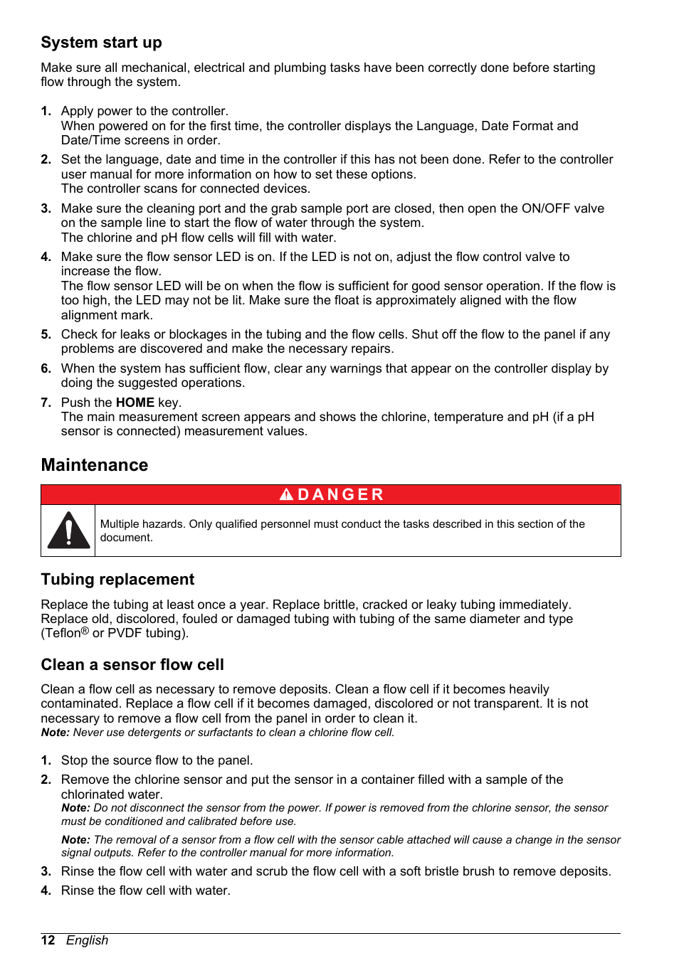 System start up, Maintenance, Tubing replacement | Clean a sensor flow cell | Hach-Lange CLT10 sc User Manual | Page 12 / 382