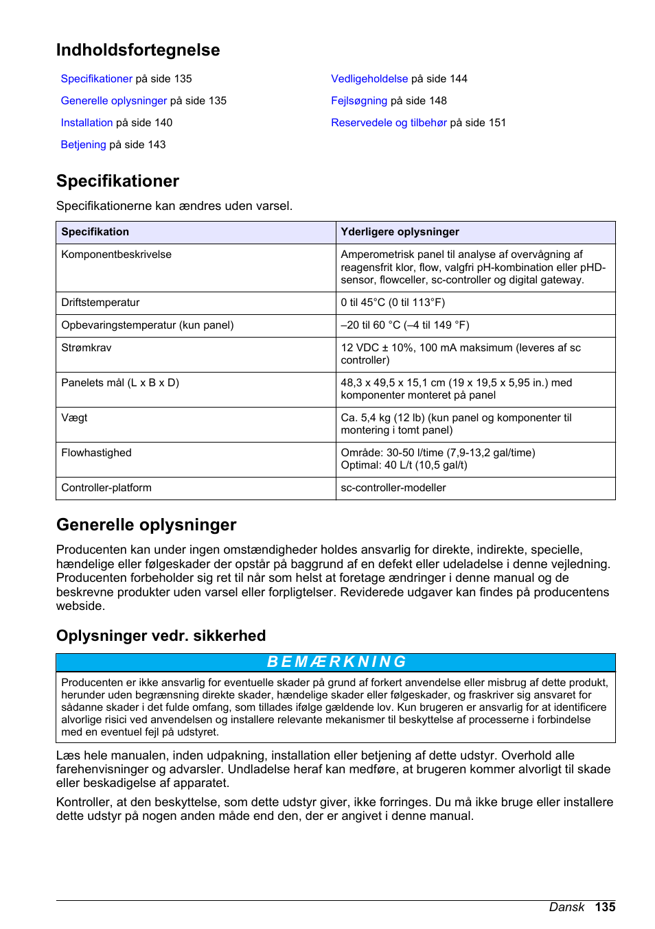 Brugervejledning, Indholdsfortegnelse, Specifikationer | Generelle oplysninger, Oplysninger vedr. sikkerhed, Dansk | Hach-Lange CLT10 sc User Manual | Page 135 / 382