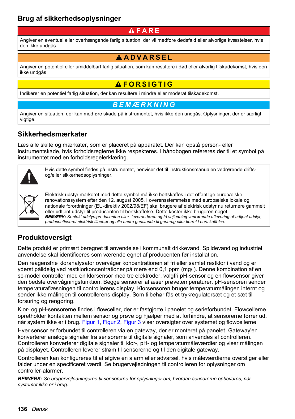 Brug af sikkerhedsoplysninger, Sikkerhedsmærkater, Produktoversigt | Hach-Lange CLT10 sc User Manual | Page 136 / 382