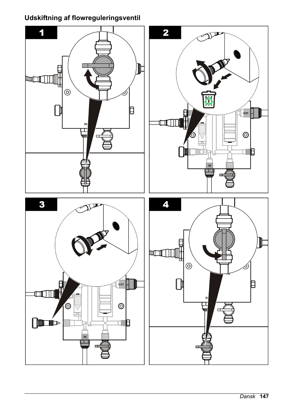 Udskiftning af flowreguleringsventil | Hach-Lange CLT10 sc User Manual | Page 147 / 382