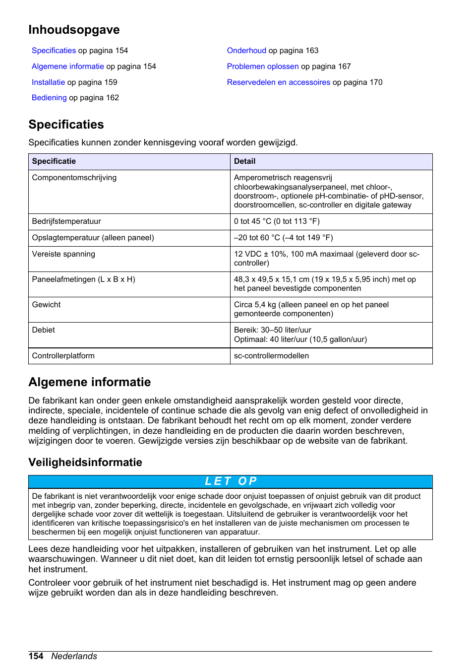 Gebruikershandleiding, Inhoudsopgave, Specificaties | Algemene informatie, Veiligheidsinformatie, Nederlands | Hach-Lange CLT10 sc User Manual | Page 154 / 382