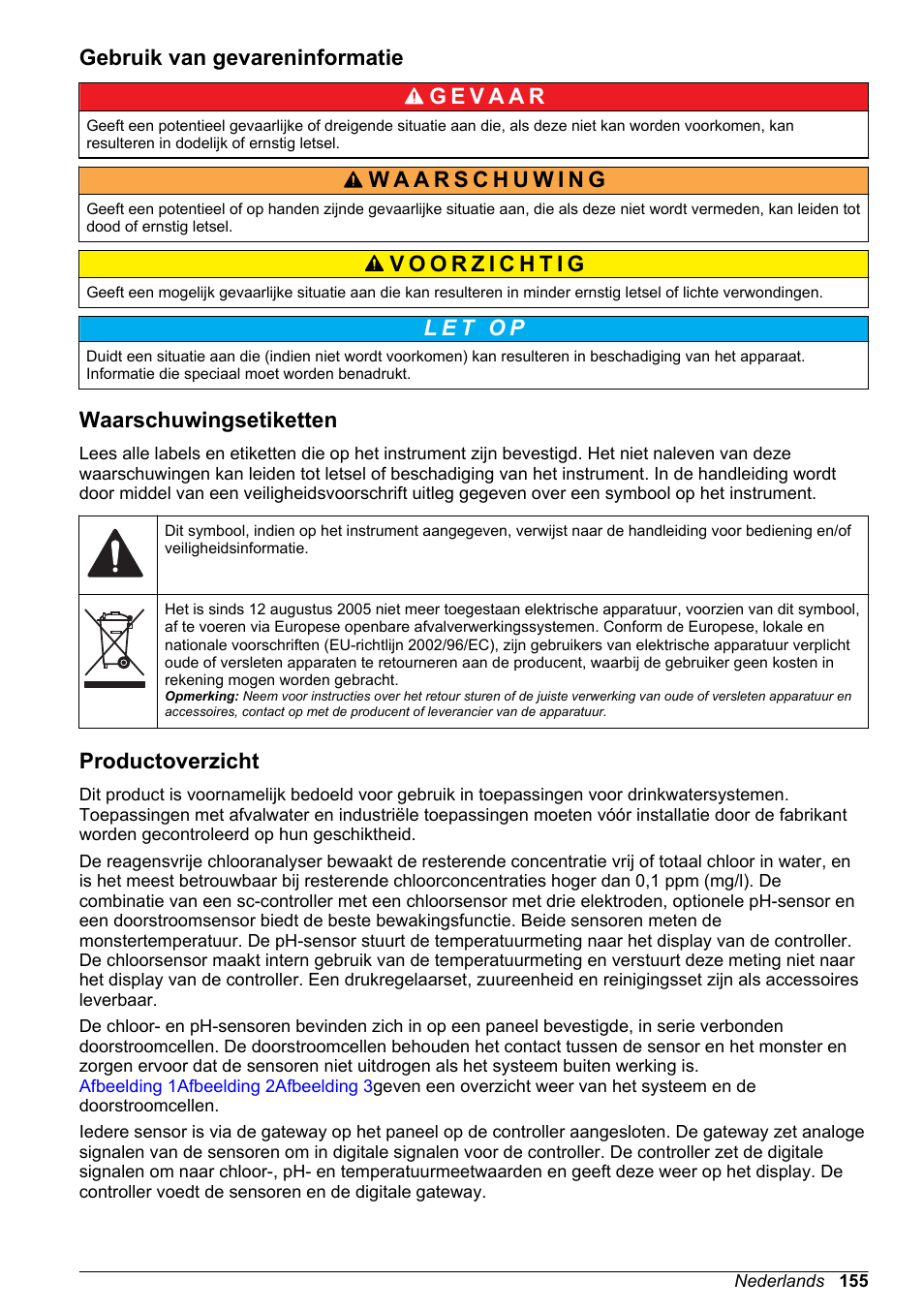 Gebruik van gevareninformatie, Waarschuwingsetiketten, Productoverzicht | Hach-Lange CLT10 sc User Manual | Page 155 / 382