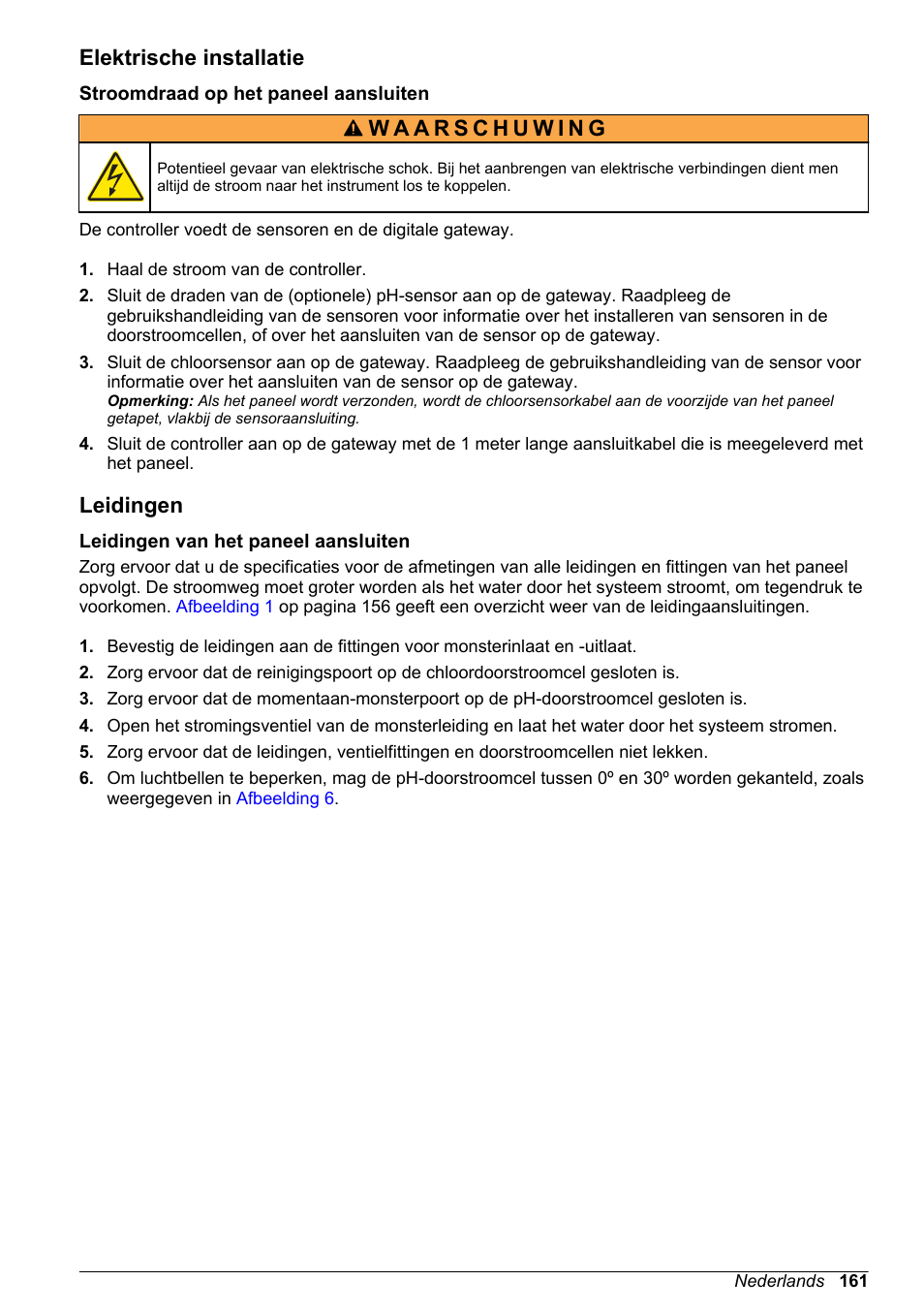 Elektrische installatie, Stroomdraad op het paneel aansluiten, Leidingen | Leidingen van het paneel aansluiten | Hach-Lange CLT10 sc User Manual | Page 161 / 382