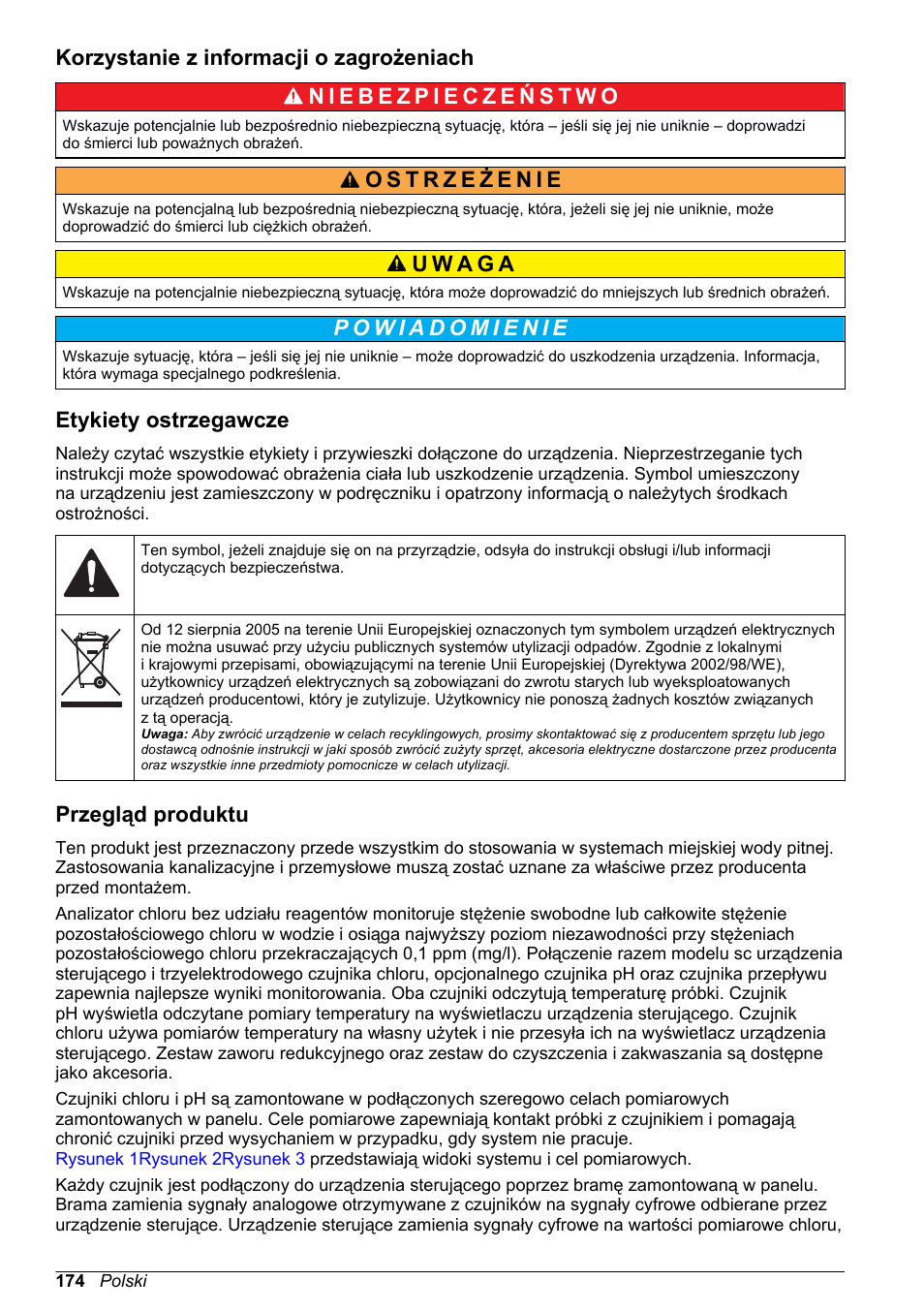 Korzystanie z informacji o zagrożeniach, Etykiety ostrzegawcze, Przegląd produktu | Hach-Lange CLT10 sc User Manual | Page 174 / 382