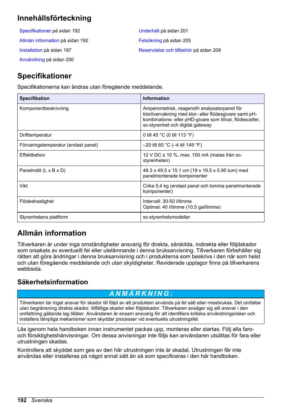 Bruksanvisning, Innehållsförteckning, Specifikationer | Allmän information, Säkerhetsinformation, Svenska | Hach-Lange CLT10 sc User Manual | Page 192 / 382