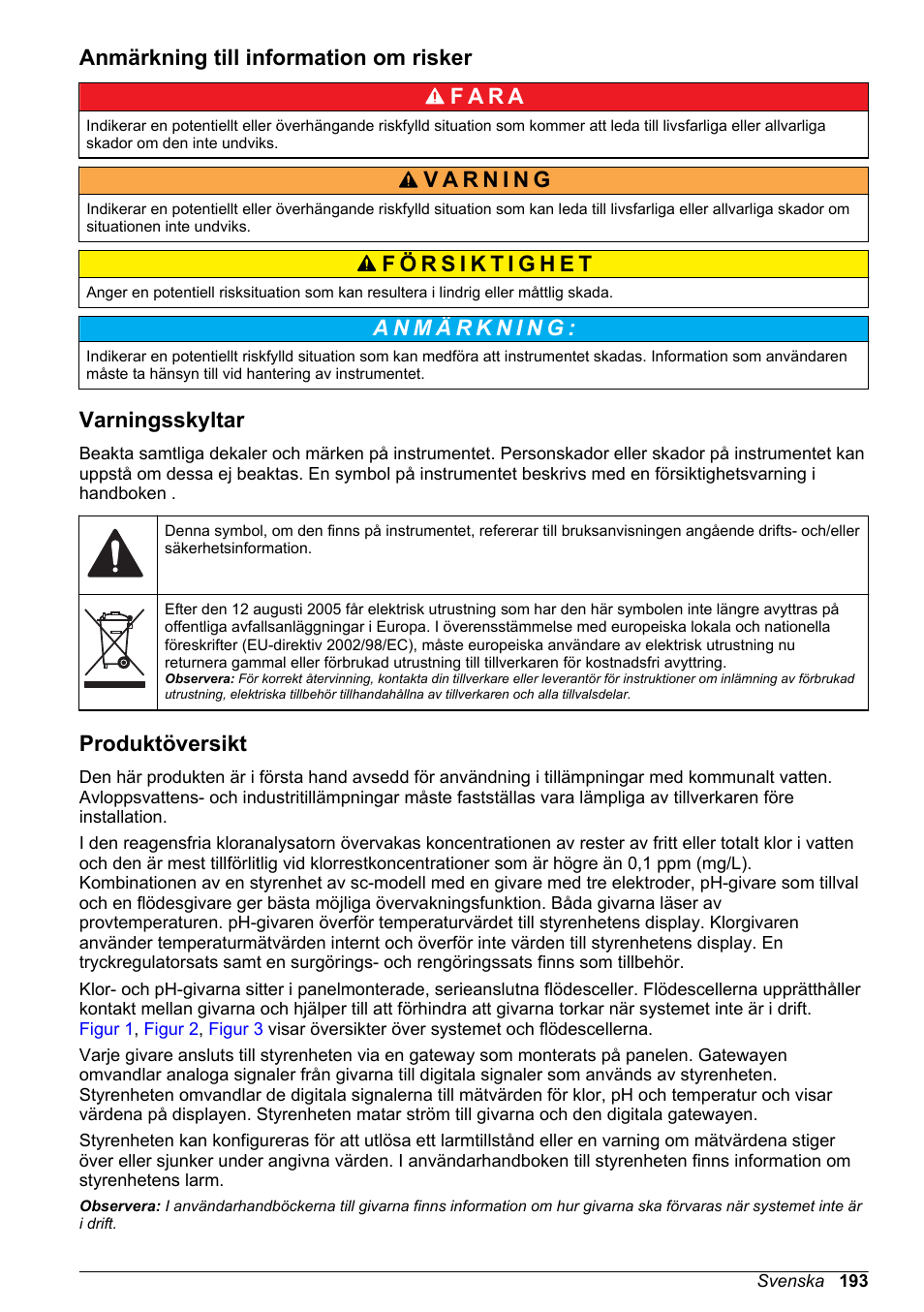 Anmärkning till information om risker, Varningsskyltar, Produktöversikt | Hach-Lange CLT10 sc User Manual | Page 193 / 382