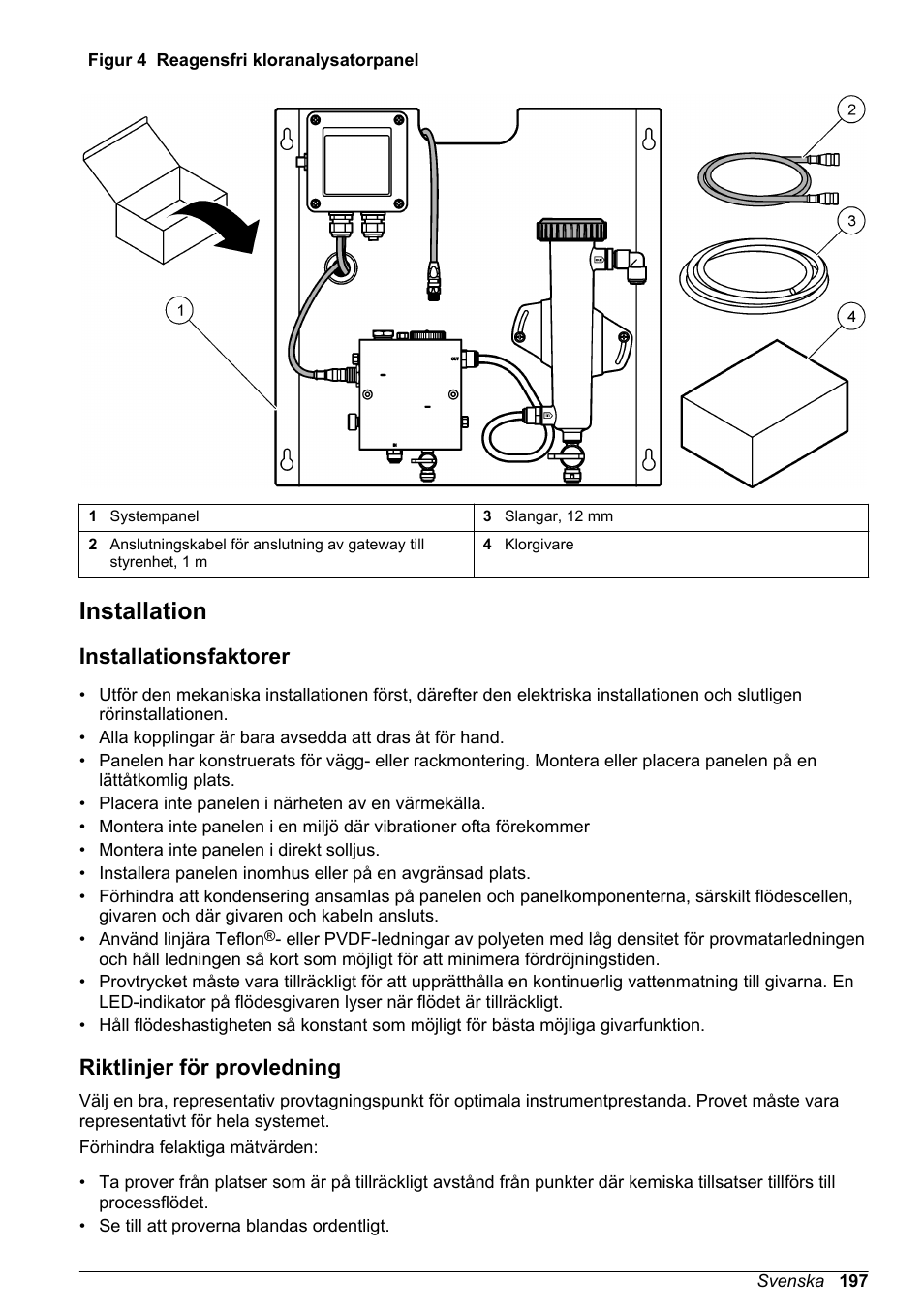 Installation, Installationsfaktorer, Riktlinjer för provledning | Hach-Lange CLT10 sc User Manual | Page 197 / 382