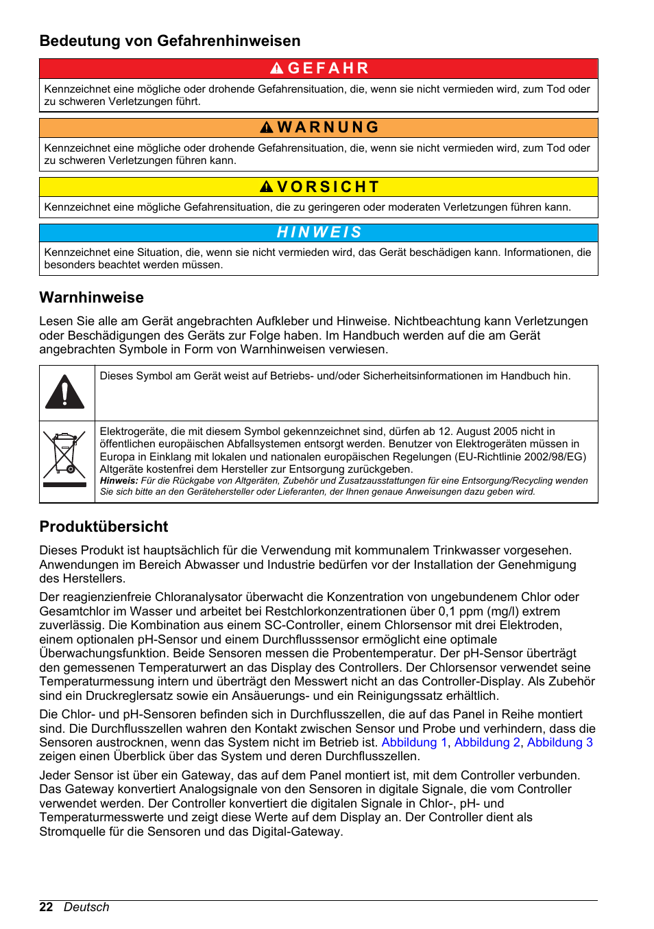 Bedeutung von gefahrenhinweisen, Warnhinweise, Produktübersicht | Hach-Lange CLT10 sc User Manual | Page 22 / 382