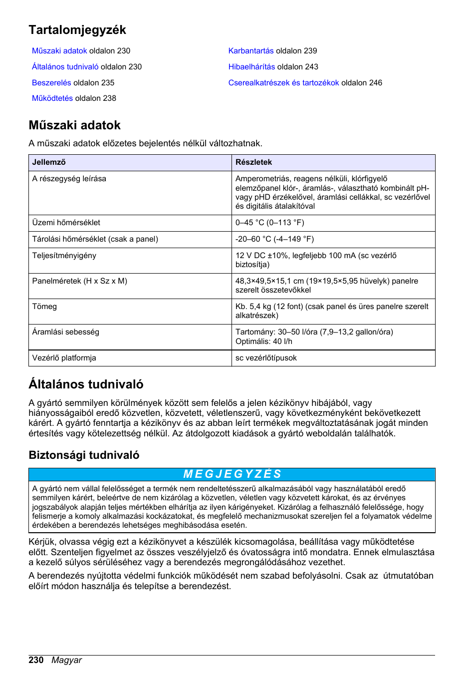 Felhasználói kézikönyv, Tartalomjegyzék, Műszaki adatok | Általános tudnivaló, Biztonsági tudnivaló, Magyar | Hach-Lange CLT10 sc User Manual | Page 230 / 382