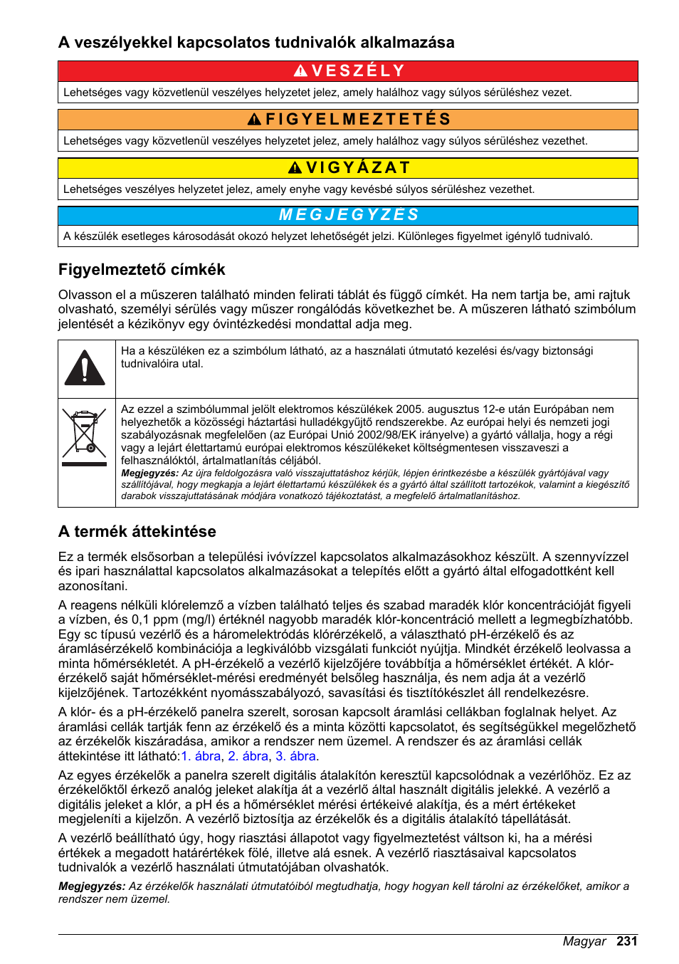A veszélyekkel kapcsolatos tudnivalók alkalmazása, Figyelmeztető címkék, A termék áttekintése | Hach-Lange CLT10 sc User Manual | Page 231 / 382