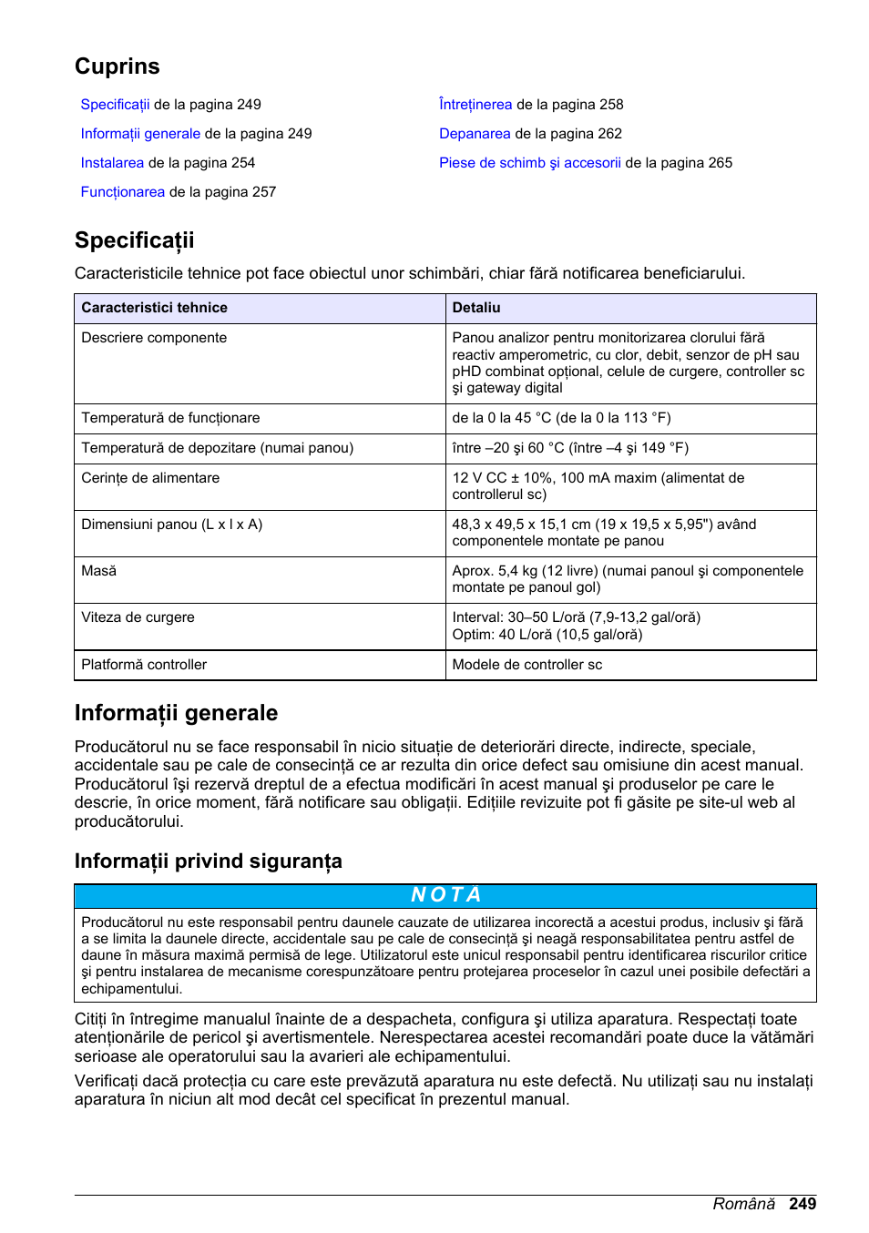 Manual de utilizare, Cuprins, Specificaţii | Informaţii generale, Informaţii privind siguranţa, Română | Hach-Lange CLT10 sc User Manual | Page 249 / 382