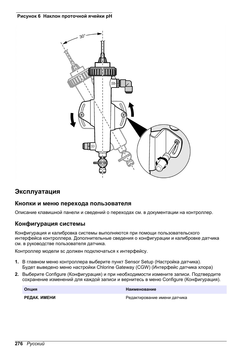 Эксплуатация, Кнопки и меню перехода пользователя, Конфигурация системы | Углом от 0º до 30º, как показано на, Рисунок 6 | Hach-Lange CLT10 sc User Manual | Page 276 / 382