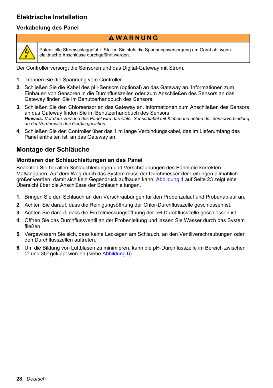 Elektrische installation, Verkabelung des panel, Montage der schläuche | Montieren der schlauchleitungen an das panel | Hach-Lange CLT10 sc User Manual | Page 28 / 382