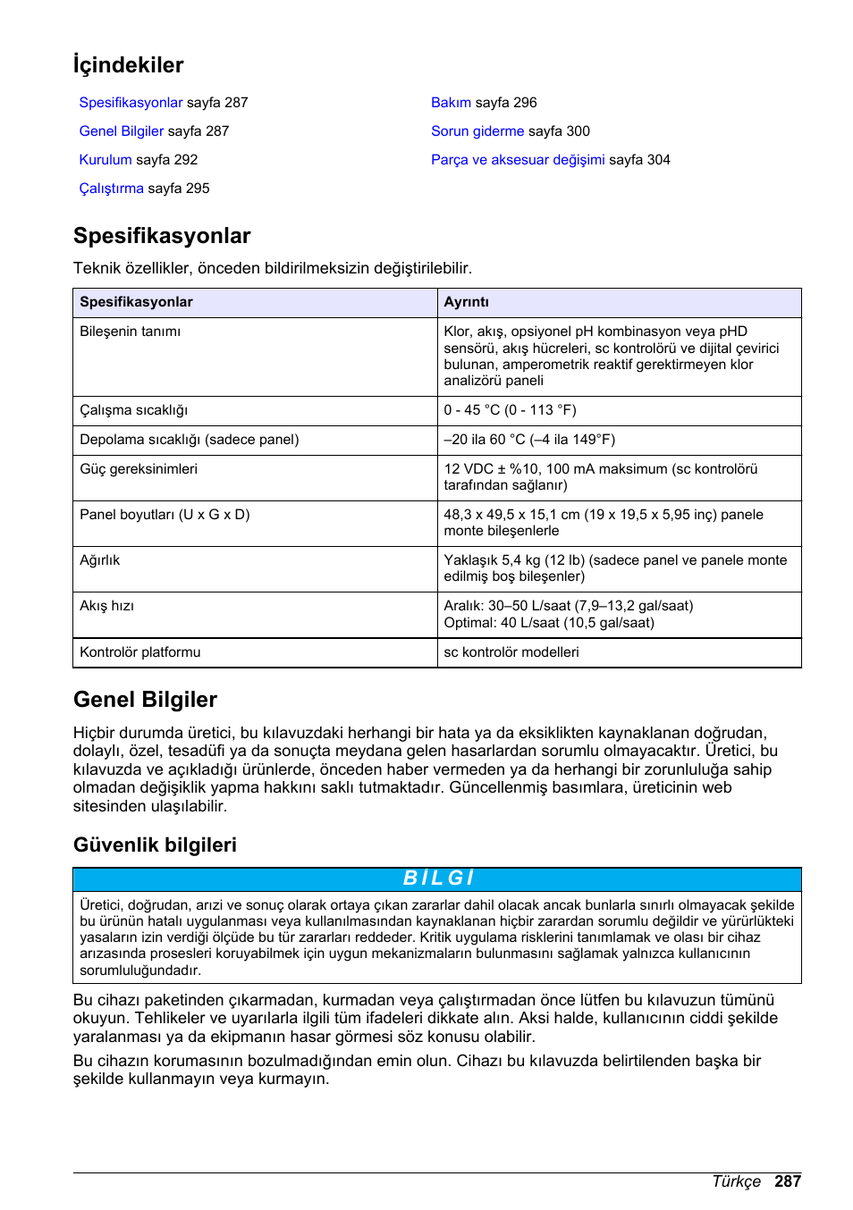 Kullanım kılavuzu, Içindekiler, Spesifikasyonlar | Genel bilgiler, Güvenlik bilgileri, Türkçe | Hach-Lange CLT10 sc User Manual | Page 287 / 382