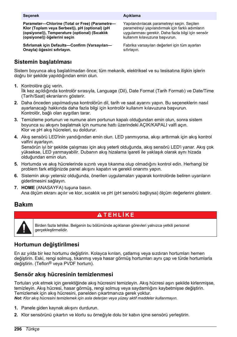 Sistemin başlatılması, Bakım, Hortumun değiştirilmesi | Sensör akış hücresinin temizlenmesi | Hach-Lange CLT10 sc User Manual | Page 296 / 382