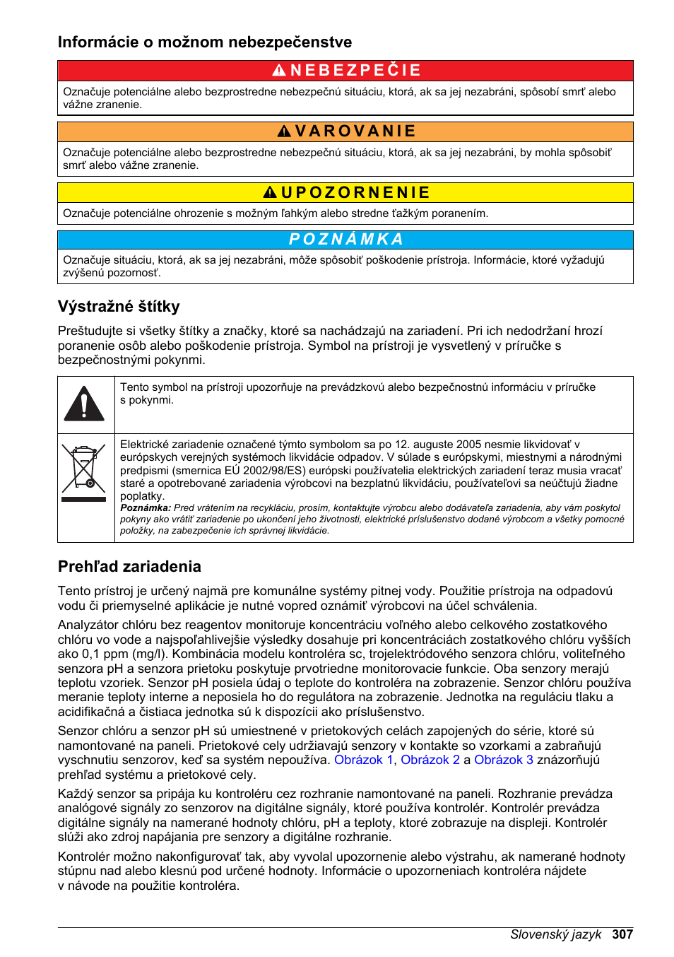 Informácie o možnom nebezpečenstve, Výstražné štítky, Prehľad zariadenia | Hach-Lange CLT10 sc User Manual | Page 307 / 382