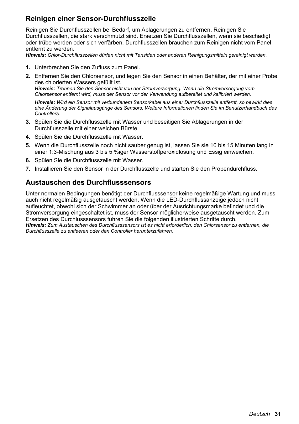 Reinigen einer sensor-durchflusszelle, Austauschen des durchflusssensors | Hach-Lange CLT10 sc User Manual | Page 31 / 382