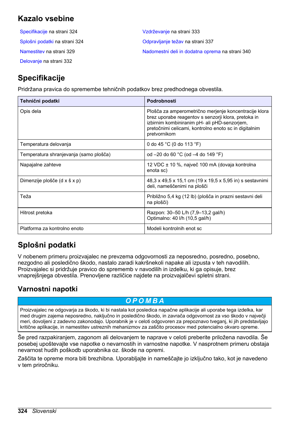 Navodila za uporabo, Kazalo vsebine, Specifikacije | Splošni podatki, Varnostni napotki, Slovenski | Hach-Lange CLT10 sc User Manual | Page 324 / 382