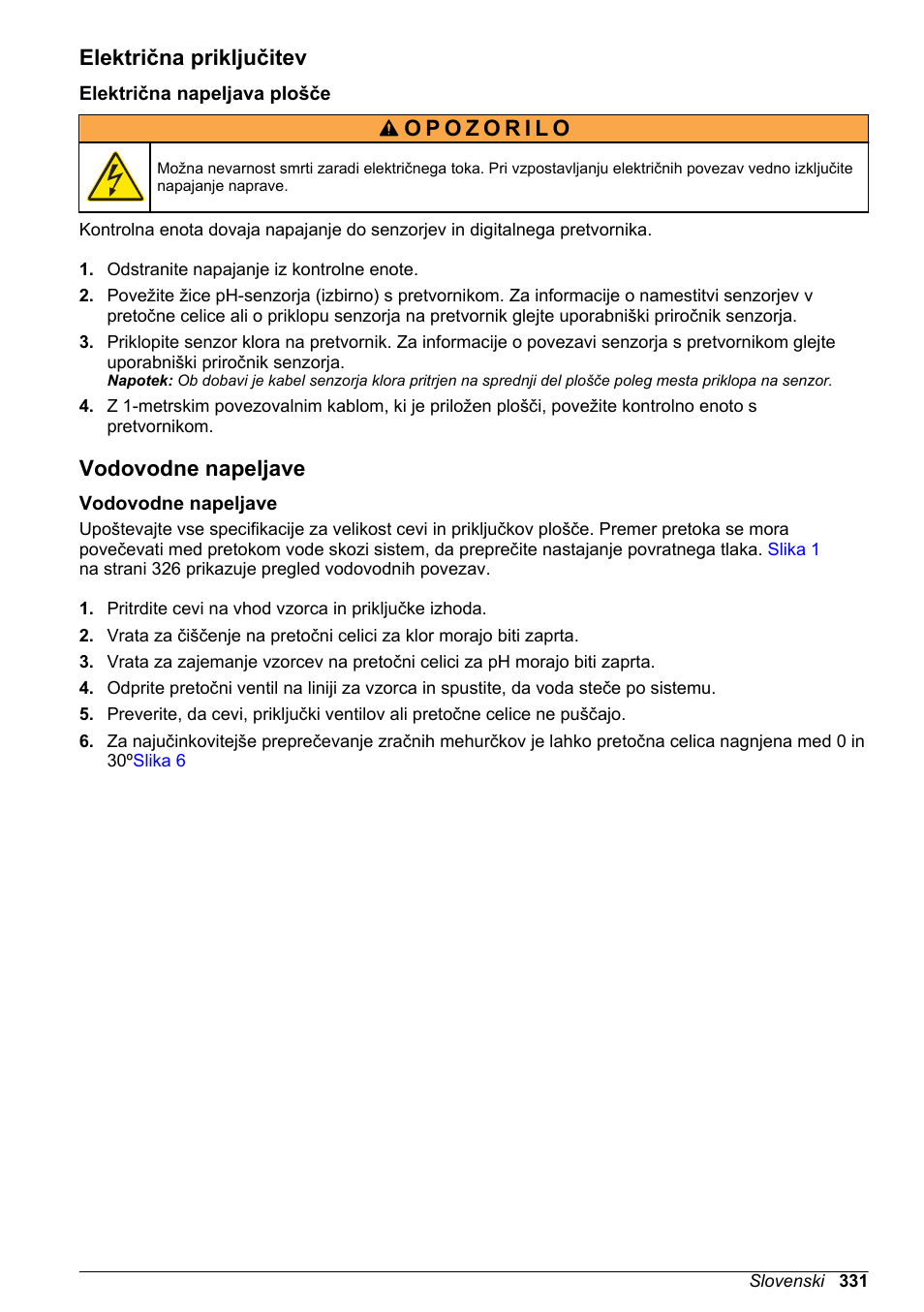 Električna priključitev, Električna napeljava plošče, Vodovodne napeljave | Hach-Lange CLT10 sc User Manual | Page 331 / 382