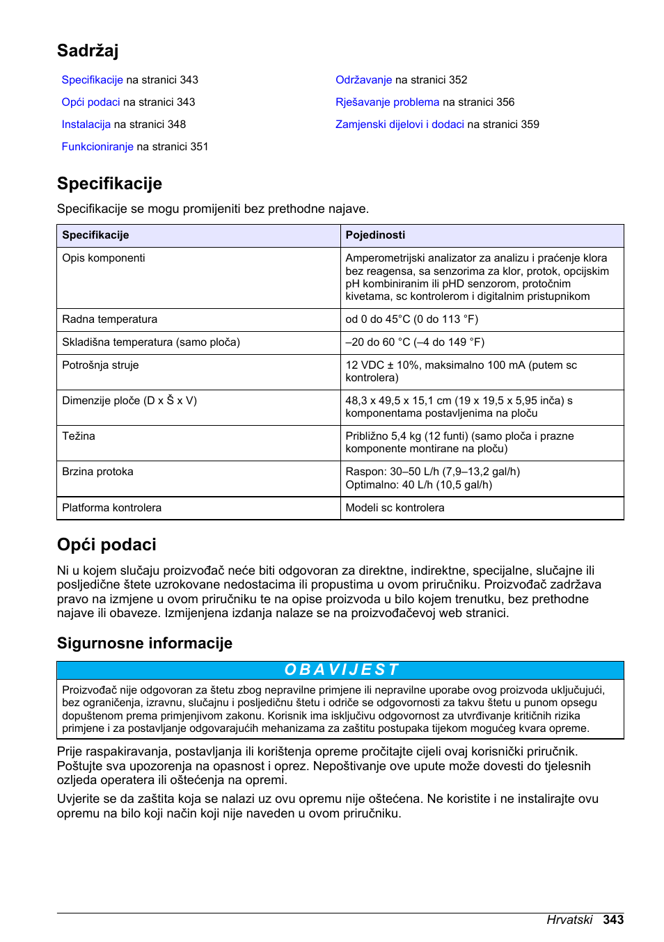 Korisnički priručnik, Sadržaj, Specifikacije | Opći podaci, Sigurnosne informacije, Hrvatski | Hach-Lange CLT10 sc User Manual | Page 343 / 382