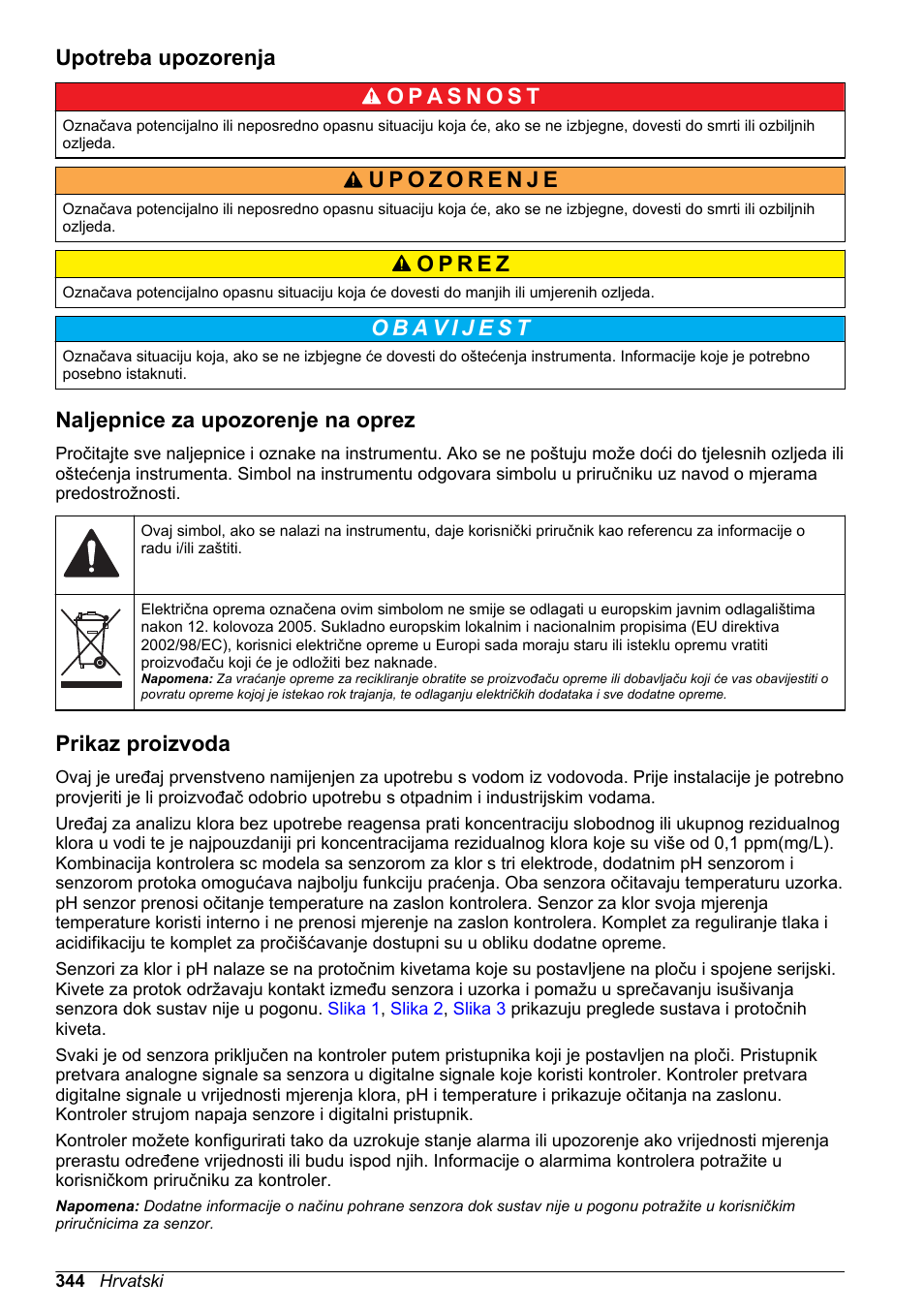Upotreba upozorenja, Naljepnice za upozorenje na oprez, Prikaz proizvoda | Hach-Lange CLT10 sc User Manual | Page 344 / 382