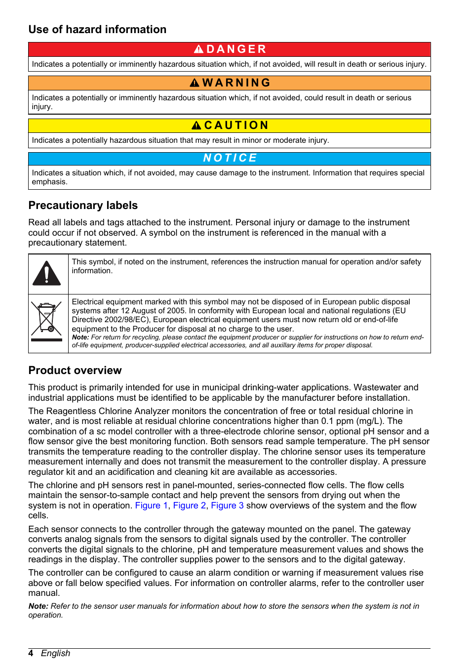 Use of hazard information, Precautionary labels, Product overview | Hach-Lange CLT10 sc User Manual | Page 4 / 382
