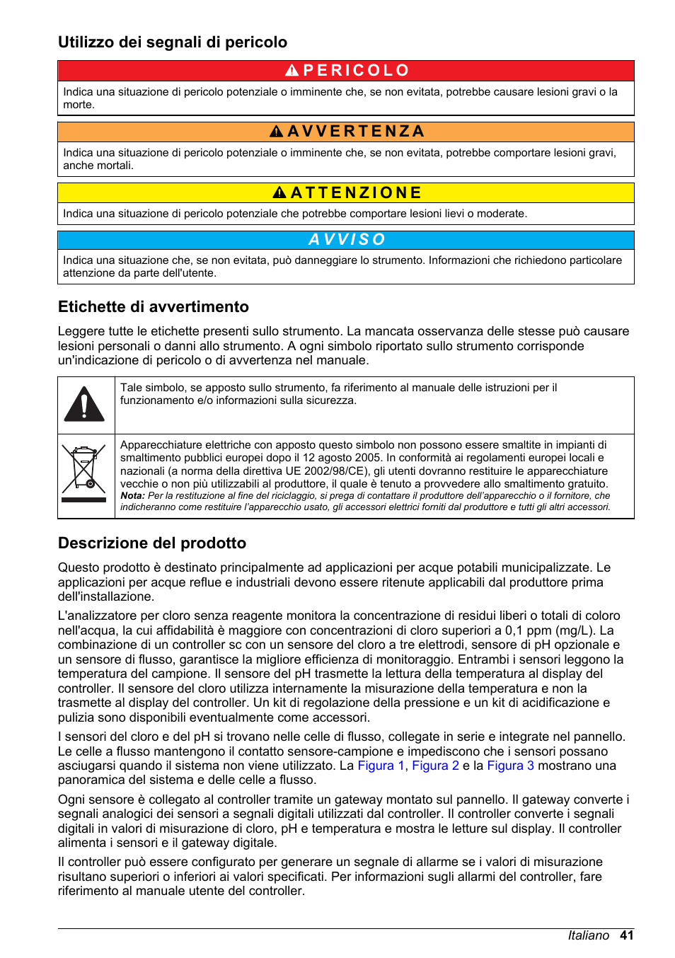 Utilizzo dei segnali di pericolo, Etichette di avvertimento, Descrizione del prodotto | Hach-Lange CLT10 sc User Manual | Page 41 / 382