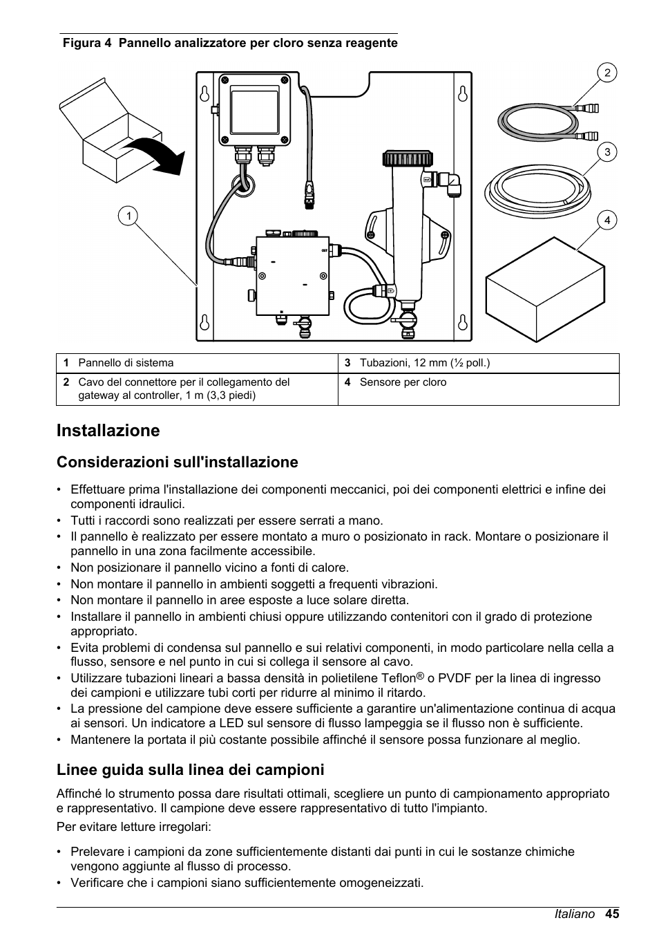 Installazione, Considerazioni sull'installazione, Linee guida sulla linea dei campioni | Hach-Lange CLT10 sc User Manual | Page 45 / 382