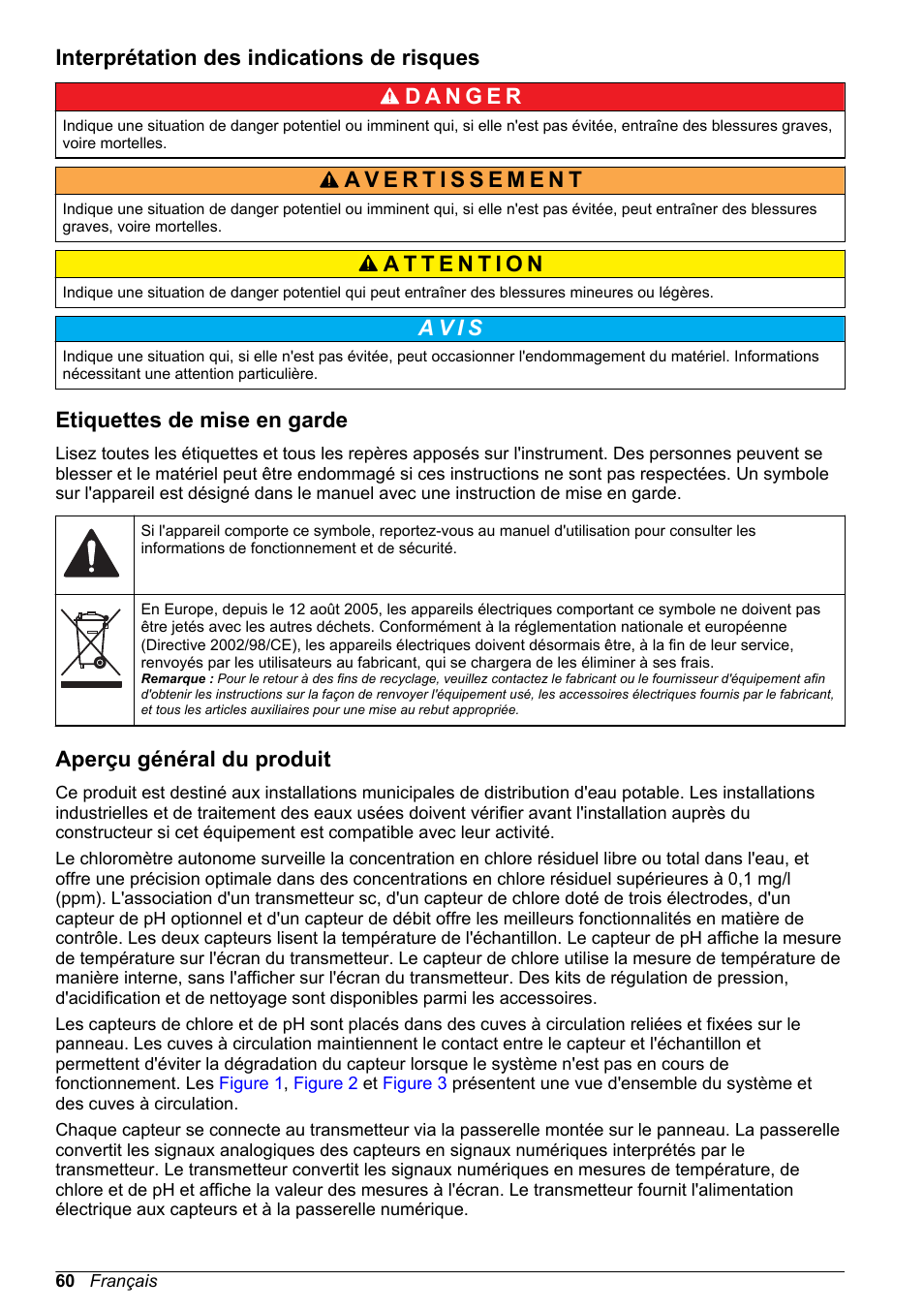 Interprétation des indications de risques, Etiquettes de mise en garde, Aperçu général du produit | A v i s | Hach-Lange CLT10 sc User Manual | Page 60 / 382