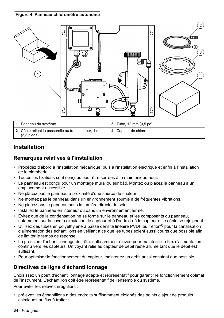 Installation, Remarques relatives à l'installation, Directives de ligne d'échantillonnage | Hach-Lange CLT10 sc User Manual | Page 64 / 382