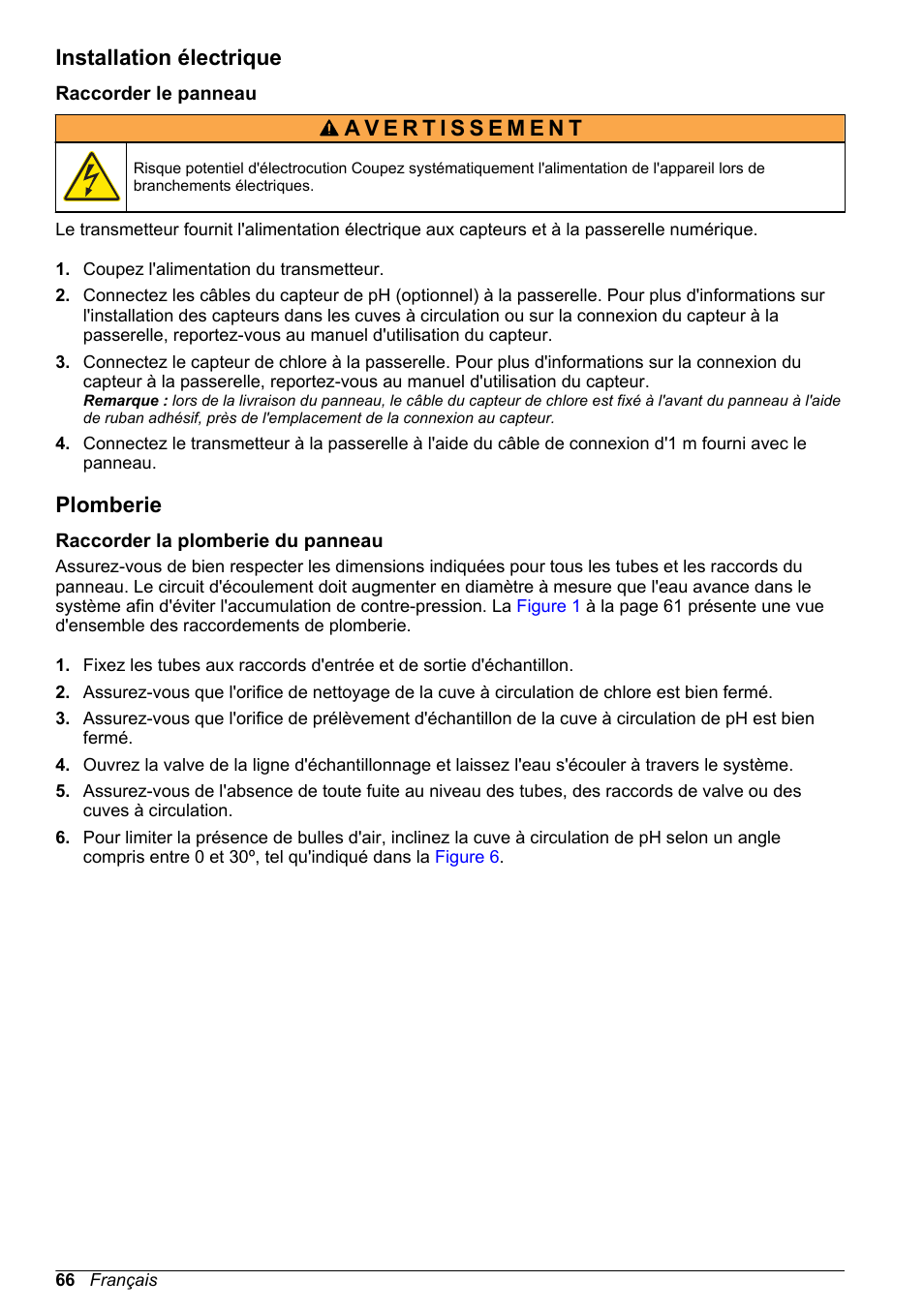 Installation électrique, Raccorder le panneau, Plomberie | Raccorder la plomberie du panneau | Hach-Lange CLT10 sc User Manual | Page 66 / 382