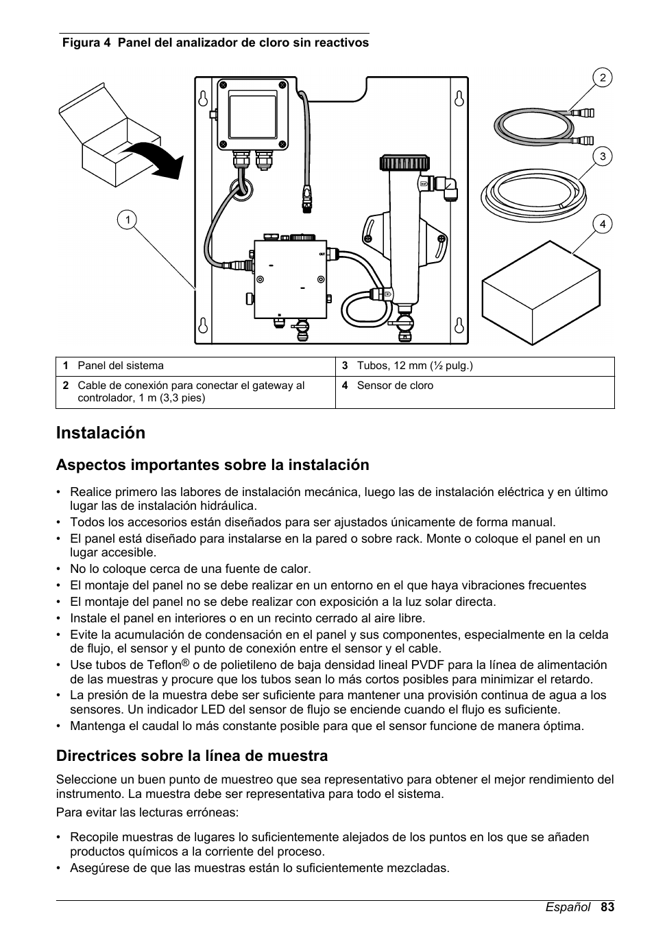 Instalación, Aspectos importantes sobre la instalación, Directrices sobre la línea de muestra | Hach-Lange CLT10 sc User Manual | Page 83 / 382