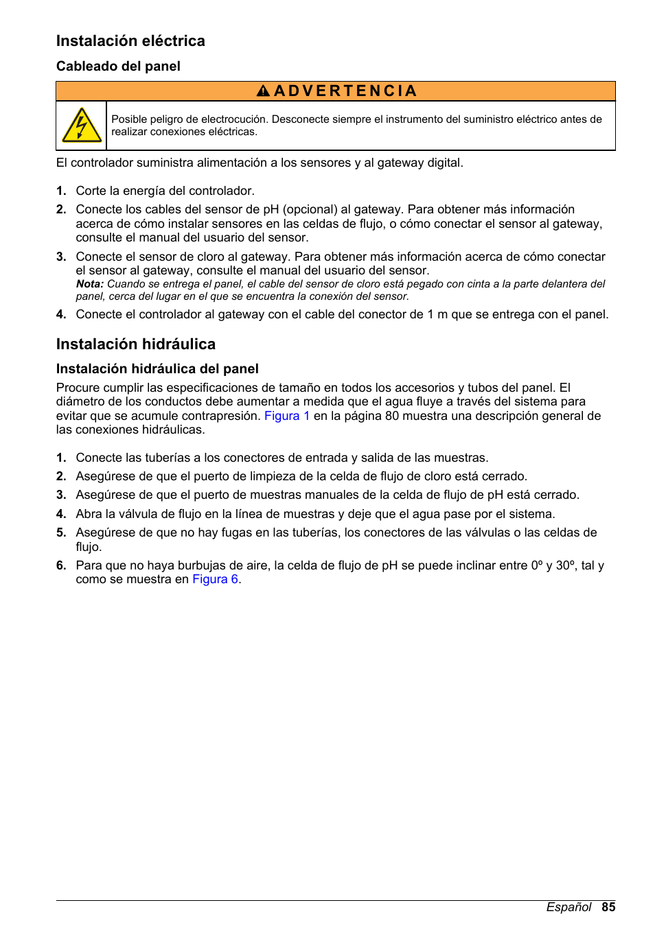 Instalación eléctrica, Cableado del panel, Instalación hidráulica | Instalación hidráulica del panel | Hach-Lange CLT10 sc User Manual | Page 85 / 382