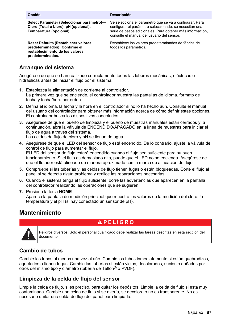 Arranque del sistema, Mantenimiento, Cambio de tubos | Limpieza de la celda de flujo del sensor | Hach-Lange CLT10 sc User Manual | Page 87 / 382