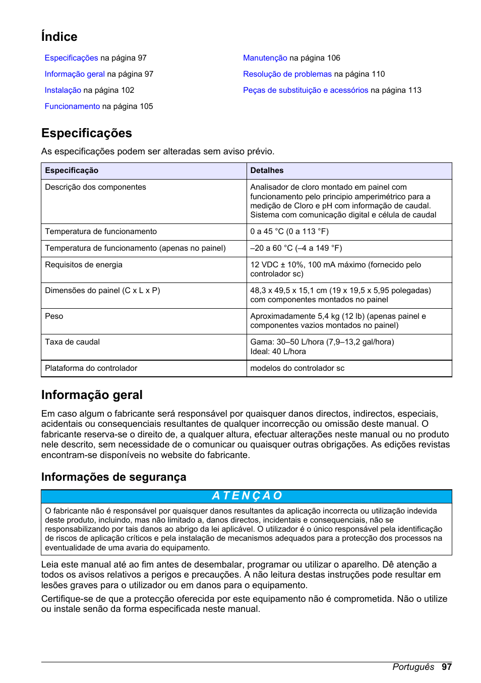 Manual do utilizador, Índice, Especificações | Informação geral, Informações de segurança, Português | Hach-Lange CLT10 sc User Manual | Page 97 / 382